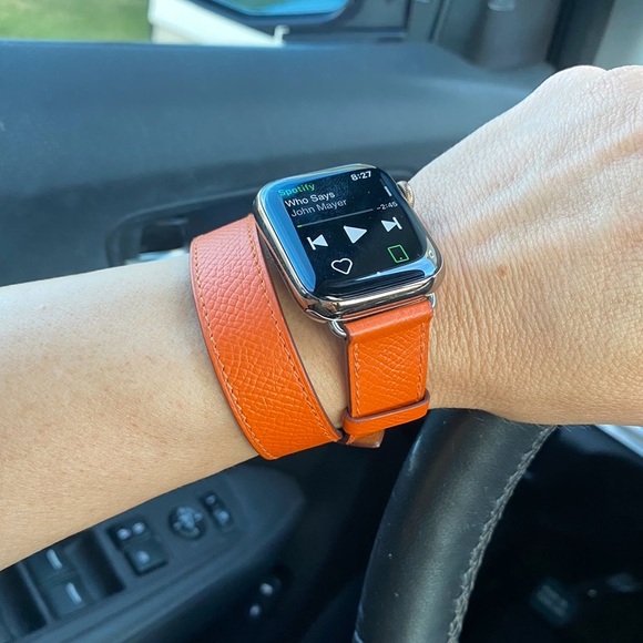 HERMES Double Tour Apple Watch Strap Band 40 mm fits 38/40/41 Attelage Orange - Picture 2 of 11